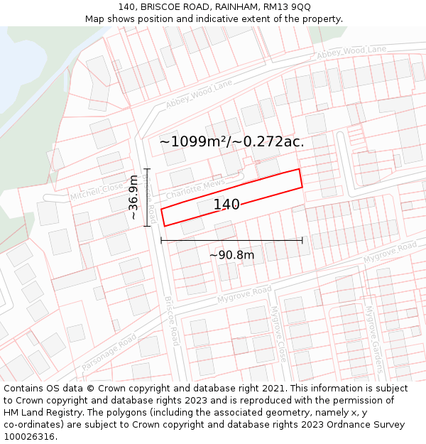 140, BRISCOE ROAD, RAINHAM, RM13 9QQ: Plot and title map