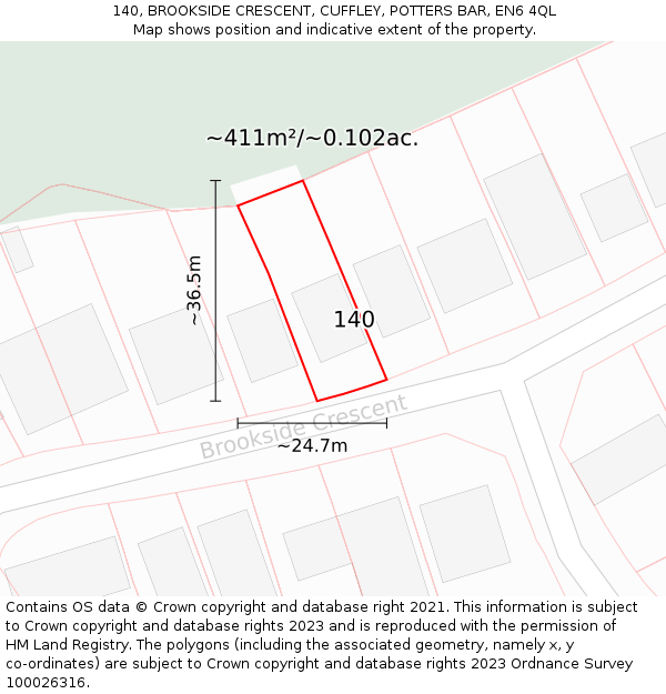 140, BROOKSIDE CRESCENT, CUFFLEY, POTTERS BAR, EN6 4QL: Plot and title map