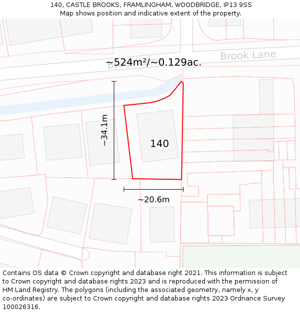 140, CASTLE BROOKS, FRAMLINGHAM, WOODBRIDGE, IP13 9SS: Plot and title map