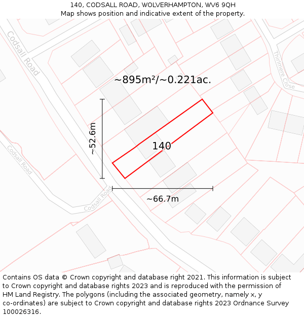 140, CODSALL ROAD, WOLVERHAMPTON, WV6 9QH: Plot and title map