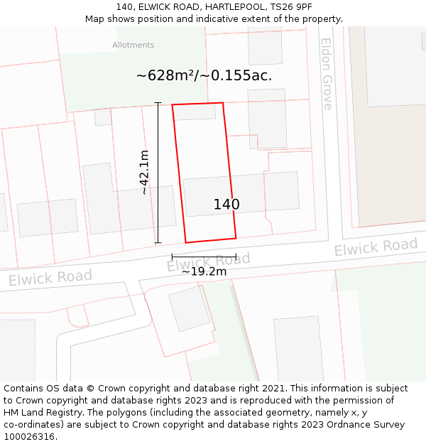 140, ELWICK ROAD, HARTLEPOOL, TS26 9PF: Plot and title map
