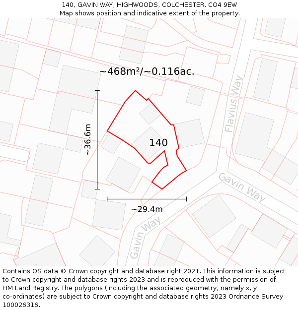 140, GAVIN WAY, HIGHWOODS, COLCHESTER, CO4 9EW: Plot and title map