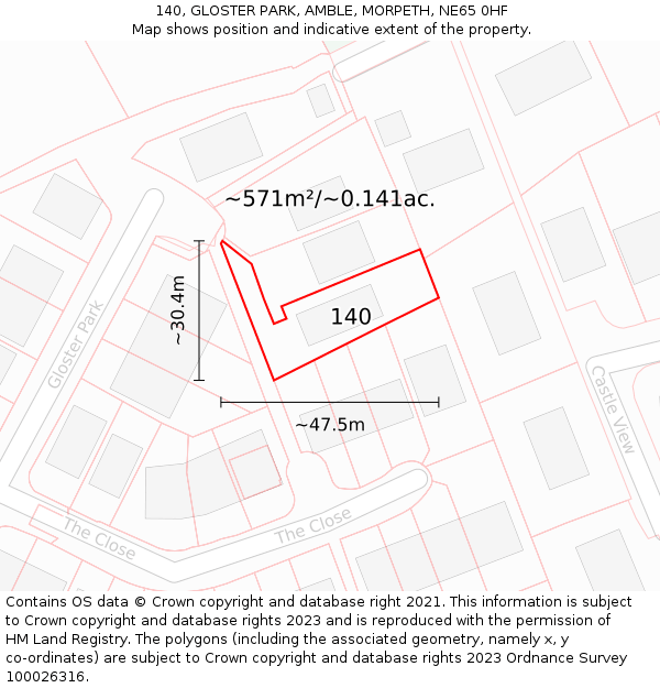 140, GLOSTER PARK, AMBLE, MORPETH, NE65 0HF: Plot and title map