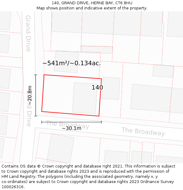 140, GRAND DRIVE, HERNE BAY, CT6 8HU: Plot and title map