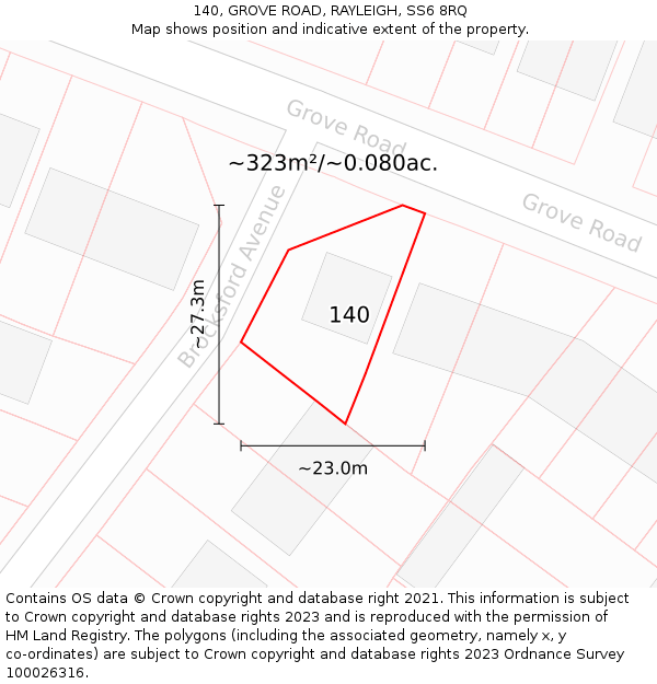 140, GROVE ROAD, RAYLEIGH, SS6 8RQ: Plot and title map