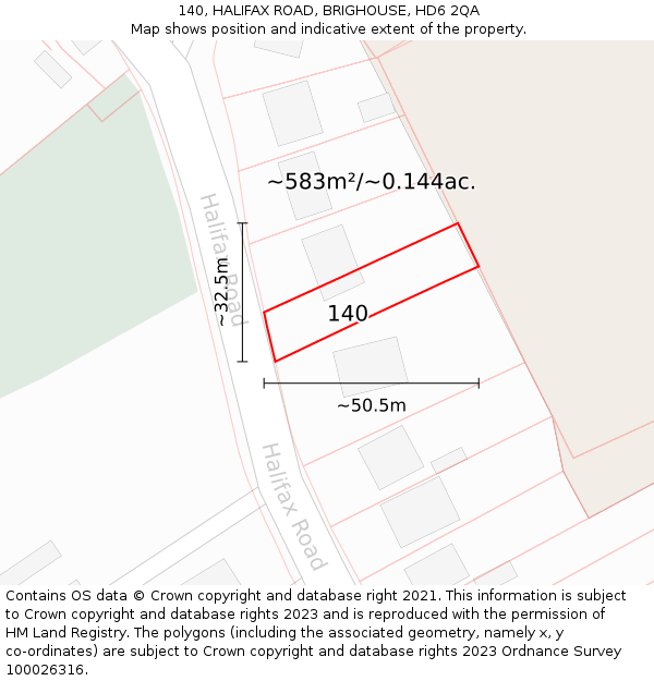 140, HALIFAX ROAD, BRIGHOUSE, HD6 2QA: Plot and title map