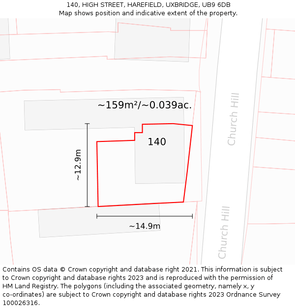140, HIGH STREET, HAREFIELD, UXBRIDGE, UB9 6DB: Plot and title map