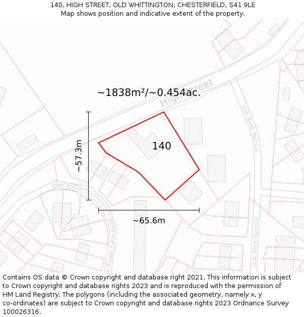 140, HIGH STREET, OLD WHITTINGTON, CHESTERFIELD, S41 9LE: Plot and title map