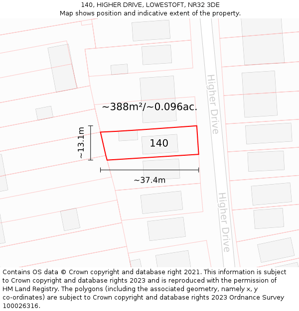 140, HIGHER DRIVE, LOWESTOFT, NR32 3DE: Plot and title map