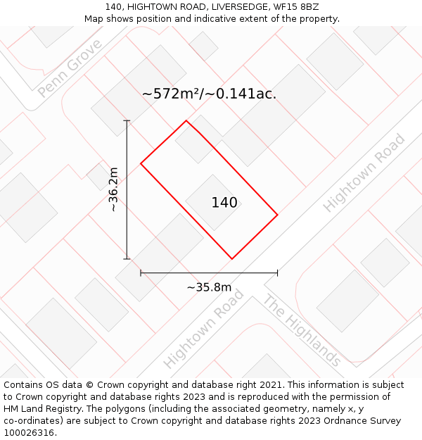 140, HIGHTOWN ROAD, LIVERSEDGE, WF15 8BZ: Plot and title map