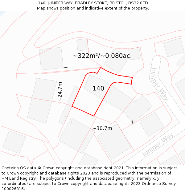 140, JUNIPER WAY, BRADLEY STOKE, BRISTOL, BS32 0ED: Plot and title map