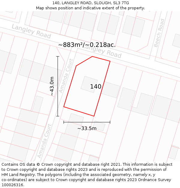 140, LANGLEY ROAD, SLOUGH, SL3 7TG: Plot and title map