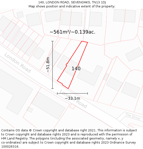 140, LONDON ROAD, SEVENOAKS, TN13 1DJ: Plot and title map