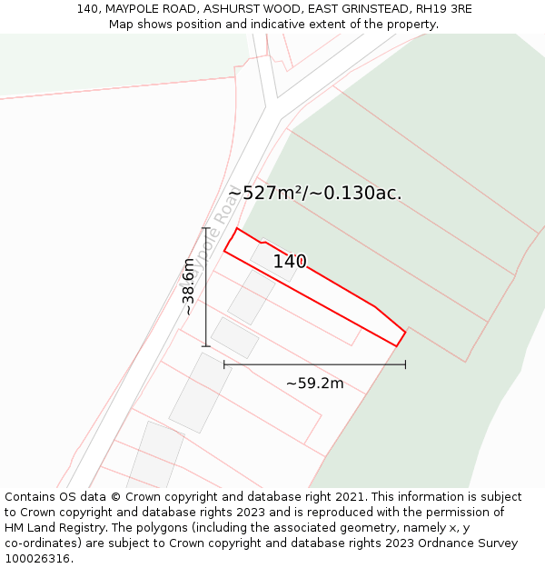 140, MAYPOLE ROAD, ASHURST WOOD, EAST GRINSTEAD, RH19 3RE: Plot and title map