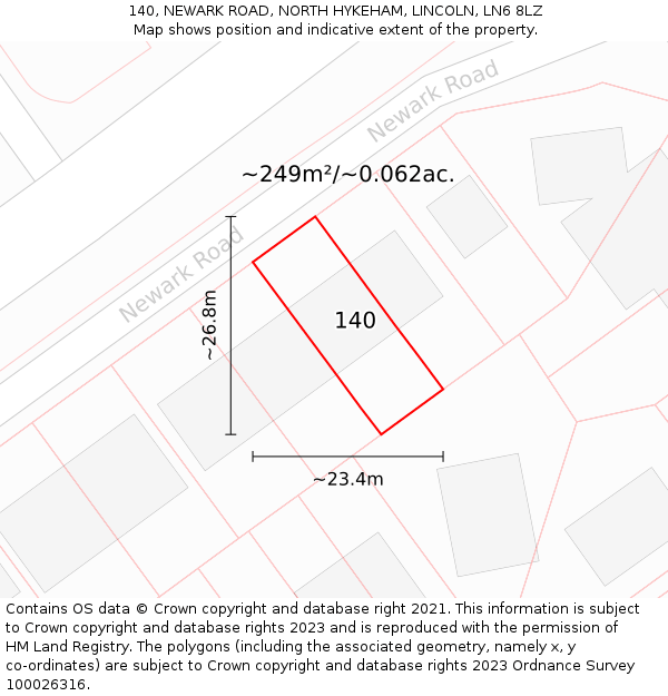 140, NEWARK ROAD, NORTH HYKEHAM, LINCOLN, LN6 8LZ: Plot and title map