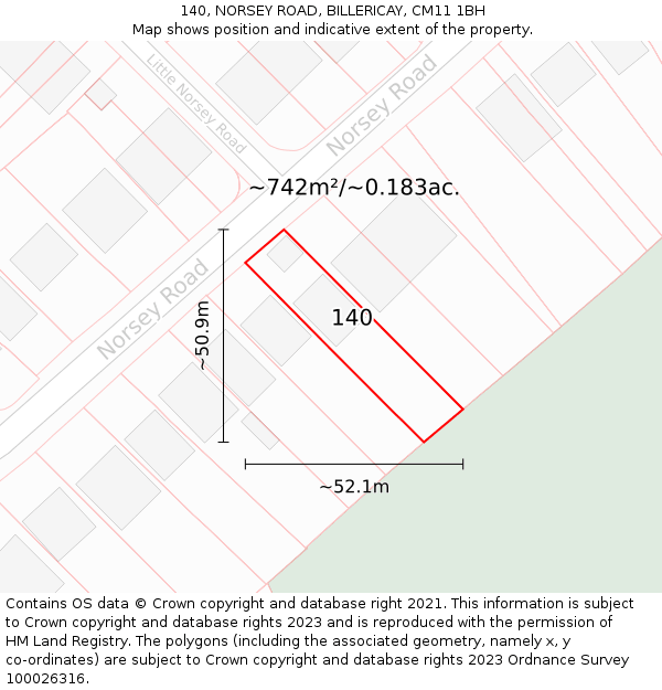 140, NORSEY ROAD, BILLERICAY, CM11 1BH: Plot and title map