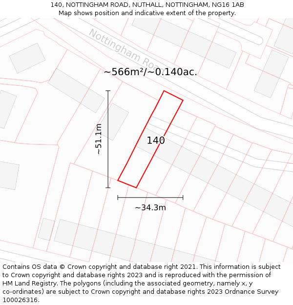 140, NOTTINGHAM ROAD, NUTHALL, NOTTINGHAM, NG16 1AB: Plot and title map