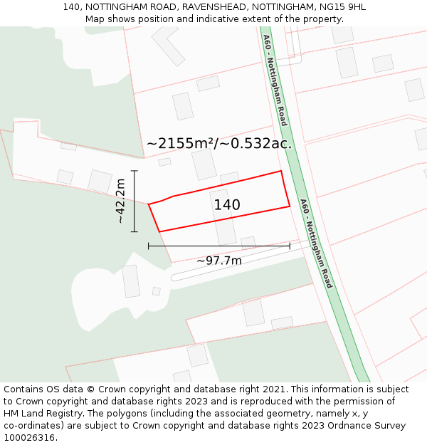 140, NOTTINGHAM ROAD, RAVENSHEAD, NOTTINGHAM, NG15 9HL: Plot and title map