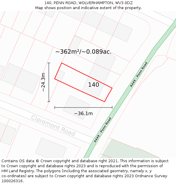 140, PENN ROAD, WOLVERHAMPTON, WV3 0DZ: Plot and title map
