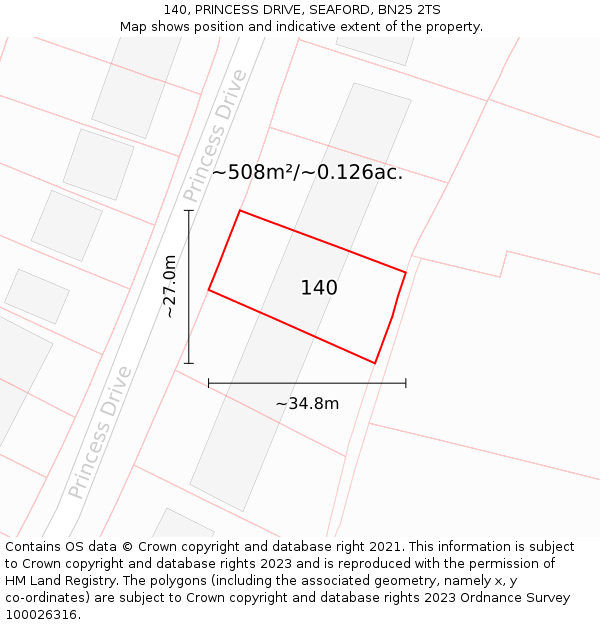 140, PRINCESS DRIVE, SEAFORD, BN25 2TS: Plot and title map