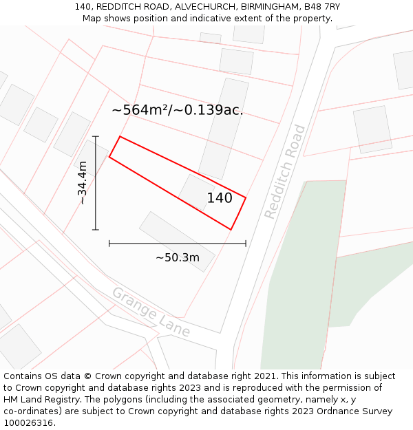 140, REDDITCH ROAD, ALVECHURCH, BIRMINGHAM, B48 7RY: Plot and title map