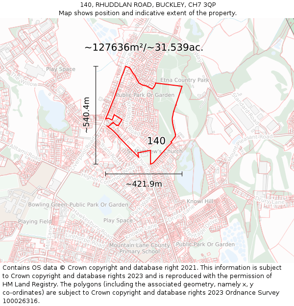 140, RHUDDLAN ROAD, BUCKLEY, CH7 3QP: Plot and title map