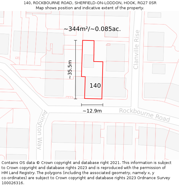 140, ROCKBOURNE ROAD, SHERFIELD-ON-LODDON, HOOK, RG27 0SR: Plot and title map