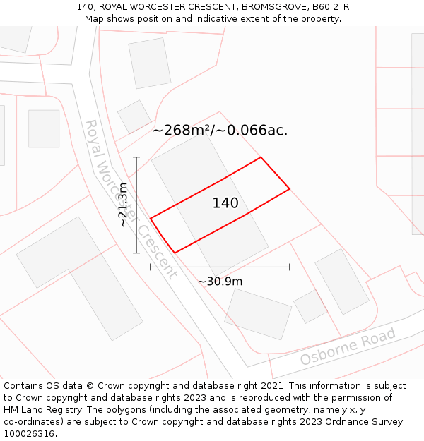 140, ROYAL WORCESTER CRESCENT, BROMSGROVE, B60 2TR: Plot and title map