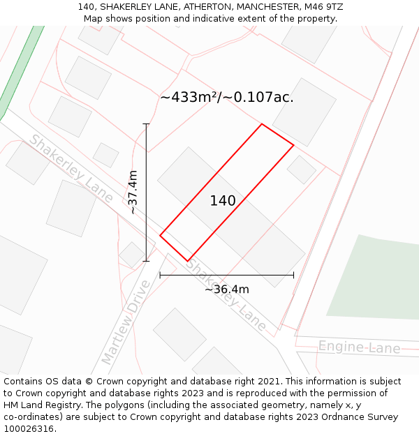 140, SHAKERLEY LANE, ATHERTON, MANCHESTER, M46 9TZ: Plot and title map