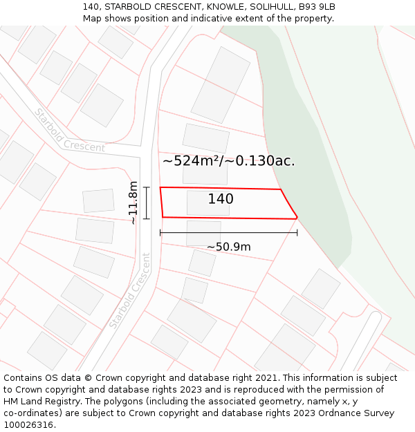 140, STARBOLD CRESCENT, KNOWLE, SOLIHULL, B93 9LB: Plot and title map