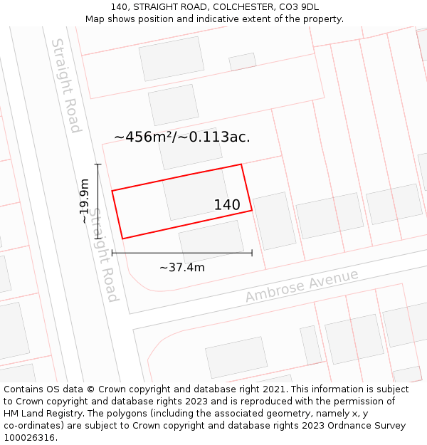 140, STRAIGHT ROAD, COLCHESTER, CO3 9DL: Plot and title map