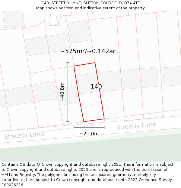 140, STREETLY LANE, SUTTON COLDFIELD, B74 4TD: Plot and title map