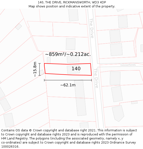 140, THE DRIVE, RICKMANSWORTH, WD3 4DP: Plot and title map
