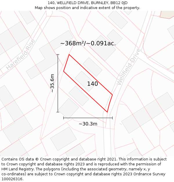 140, WELLFIELD DRIVE, BURNLEY, BB12 0JD: Plot and title map
