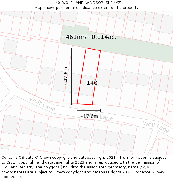 140, WOLF LANE, WINDSOR, SL4 4YZ: Plot and title map