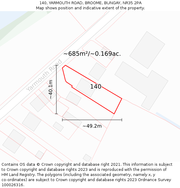 140, YARMOUTH ROAD, BROOME, BUNGAY, NR35 2PA: Plot and title map