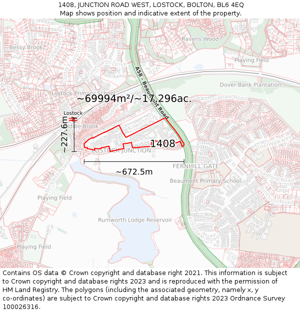 1408, JUNCTION ROAD WEST, LOSTOCK, BOLTON, BL6 4EQ: Plot and title map