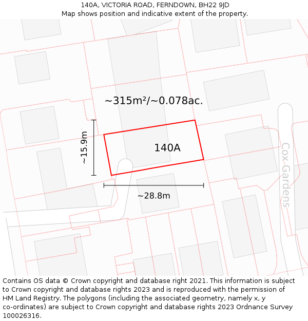 140A, VICTORIA ROAD, FERNDOWN, BH22 9JD: Plot and title map