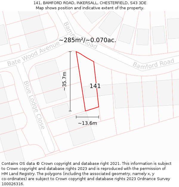 141, BAMFORD ROAD, INKERSALL, CHESTERFIELD, S43 3DE: Plot and title map