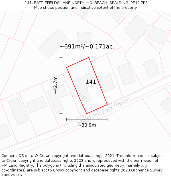 141, BATTLEFIELDS LANE NORTH, HOLBEACH, SPALDING, PE12 7PF: Plot and title map