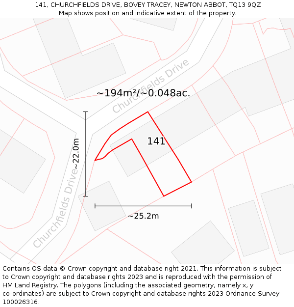 141, CHURCHFIELDS DRIVE, BOVEY TRACEY, NEWTON ABBOT, TQ13 9QZ: Plot and title map