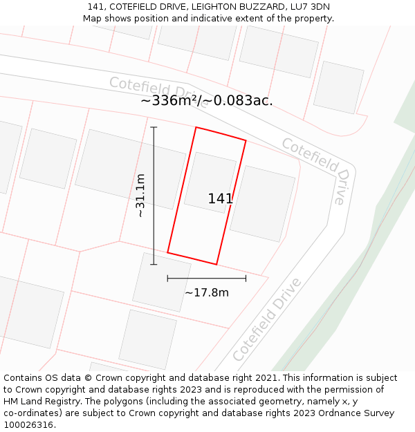 141, COTEFIELD DRIVE, LEIGHTON BUZZARD, LU7 3DN: Plot and title map