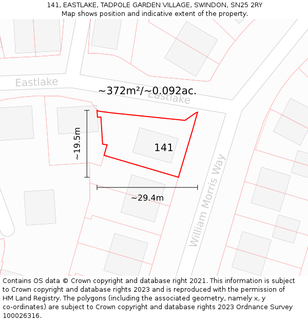 141, EASTLAKE, TADPOLE GARDEN VILLAGE, SWINDON, SN25 2RY: Plot and title map
