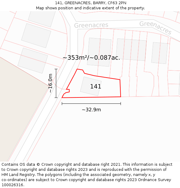 141, GREENACRES, BARRY, CF63 2PN: Plot and title map