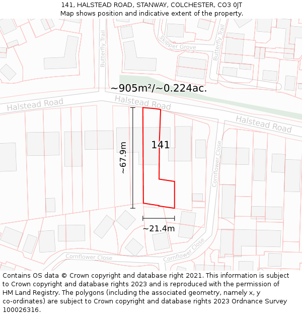 141, HALSTEAD ROAD, STANWAY, COLCHESTER, CO3 0JT: Plot and title map