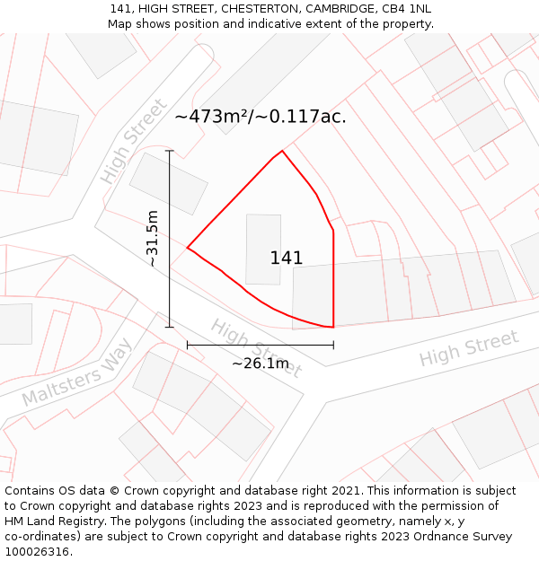 141, HIGH STREET, CHESTERTON, CAMBRIDGE, CB4 1NL: Plot and title map