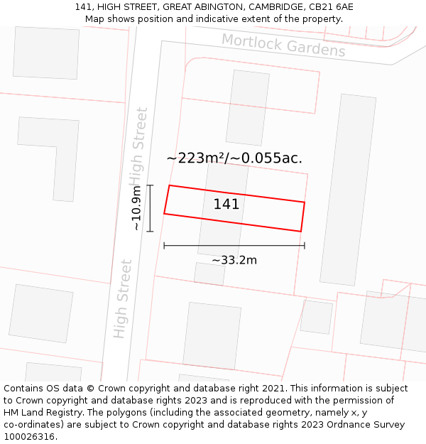 141, HIGH STREET, GREAT ABINGTON, CAMBRIDGE, CB21 6AE: Plot and title map