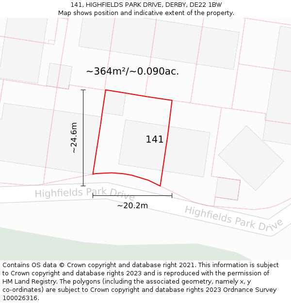 141, HIGHFIELDS PARK DRIVE, DERBY, DE22 1BW: Plot and title map