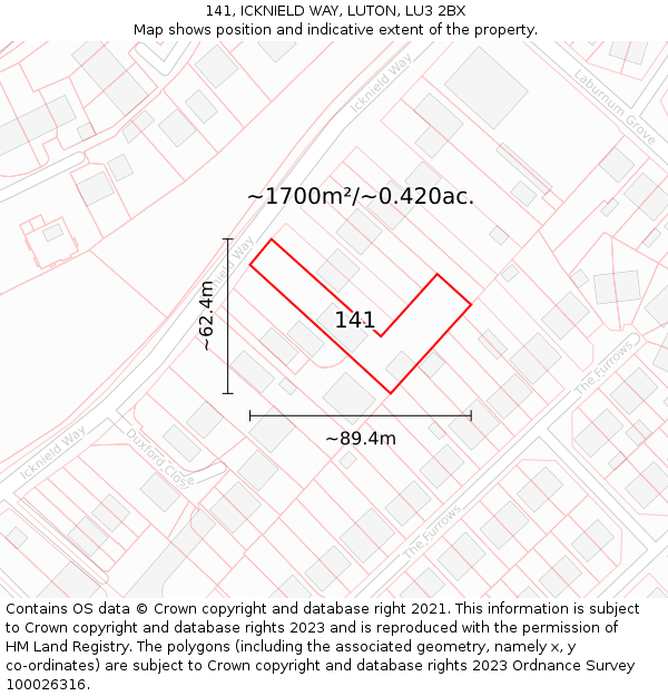 141, ICKNIELD WAY, LUTON, LU3 2BX: Plot and title map