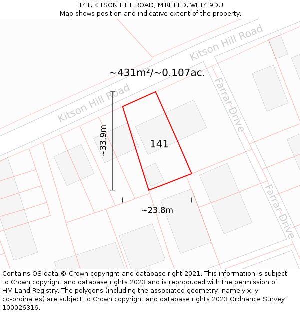141, KITSON HILL ROAD, MIRFIELD, WF14 9DU: Plot and title map